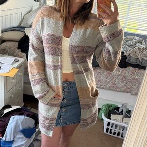 Knox Rose Fuzzy Open-Front Cardigan in Gray, Tan & Maroon